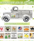 Vintage White Farmhouse Truck With 12 Magnetic Sunflower Magnets, Interchangeable Seasonal Metal Pickup Planter for decor, side view