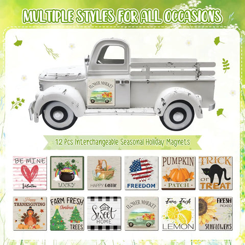 Vintage White Farmhouse Truck With 12 Magnetic Sunflower Magnets, Interchangeable Seasonal Metal Pickup Planter for decor, side view