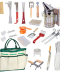 All In One Beekeeping Tools Kit 22-Piece With Durable Organizer Case displayed with hive tools, smoker, gloves, and queen marking kit