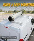 6 Inch Diameter PVC Conduit Carrier Kit Black mounted on van roof, showcasing transport solution for electricians, plumbers, contractors