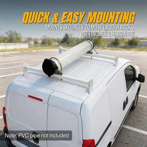 6 Inch Diameter PVC Conduit Carrier Kit Black mounted on van roof, showcasing transport solution for electricians, plumbers, contractors