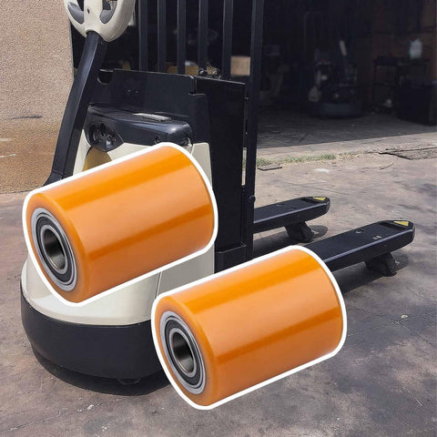 Premium Load Wheel Kit For WP 3000 Electric Pallet Jack Lift, Heavy Duty Replacement Wheels attached to pallet jack