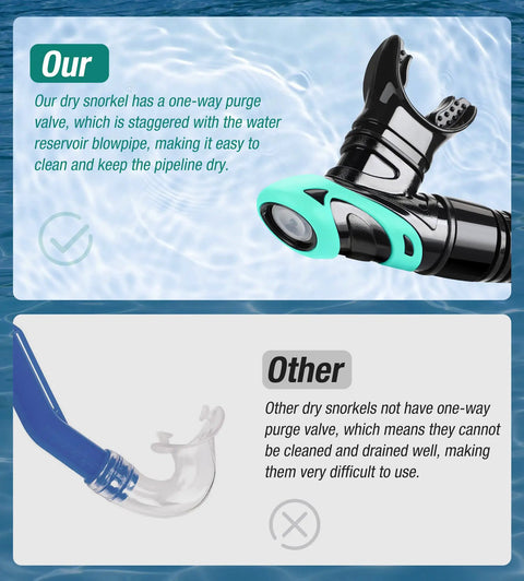 Comparison of dry snorkel system with top dry valve and standard snorkel, showcasing leak-free valve and food-grade mouthpiece.