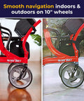 Heavy Duty Dual Function Rollator And Compact Transport Wheelchair In Vibrant Red Featuring Rapid Adjust Backrest No Fuss Fold For Smooth Street Cruising And Dependable Rolling Comfort Daily on 10" wheels navigating indoors and outdoors.