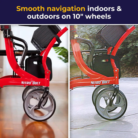 Heavy Duty Dual Function Rollator And Compact Transport Wheelchair In Vibrant Red Featuring Rapid Adjust Backrest No Fuss Fold For Smooth Street Cruising And Dependable Rolling Comfort Daily on 10" wheels navigating indoors and outdoors.