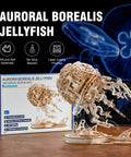 LED Jellyfish 3D Wooden Puzzle Kit For Adults With 355 Pieces That Swims When LED Lights Up Realistic Display Build DIY Wood Craft Toy Gift For Him And Her Cool Creative Hobby And Unique Educational Toy, box and assembled model