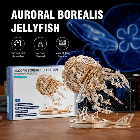 LED Jellyfish 3D Wooden Puzzle Kit For Adults With 355 Pieces That Swims When LED Lights Up Realistic Display Build DIY Wood Craft Toy Gift For Him And Her Cool Creative Hobby And Unique Educational Toy, box and assembled model
