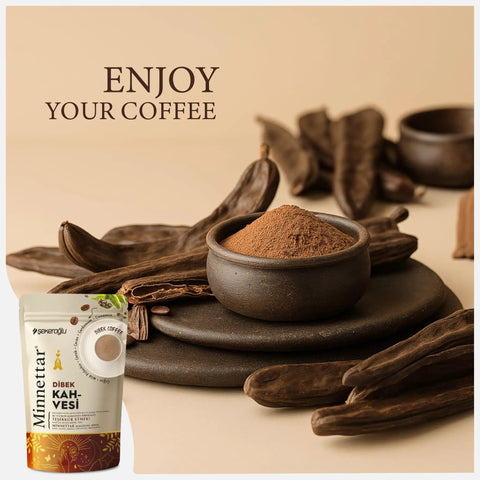 Minnettar Dibek Coffee With Carob And Pistachio Stone Ground Turkish Blend packaging and ingredients display