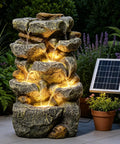 Solar Water Fountain Outdoor Garden 19.3 Inch Cascading Stone Design Five Tier Rock Feature Waterfalls With LED Lights and Solar Pump