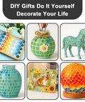 Various DIY mosaic projects, including tiles, vases, a horse figurine, a picture frame, and a decorative globe.