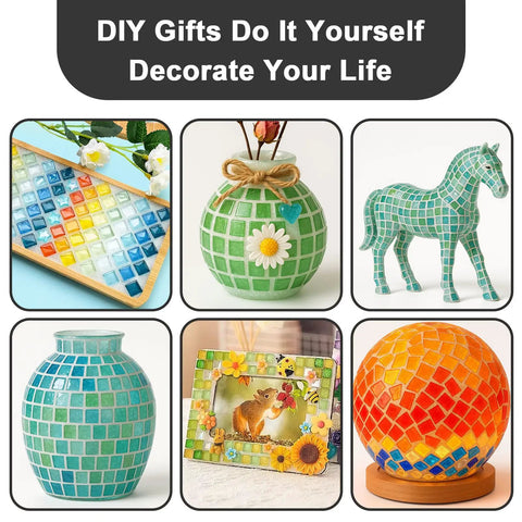 Various DIY mosaic projects, including tiles, vases, a horse figurine, a picture frame, and a decorative globe.