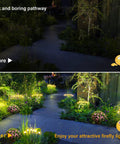Comparison of dark and illuminated garden pathway with Solar Outdoor Firefly Lights For Garden And Yard Waterproof Wind Swaying Pathway Stakes.