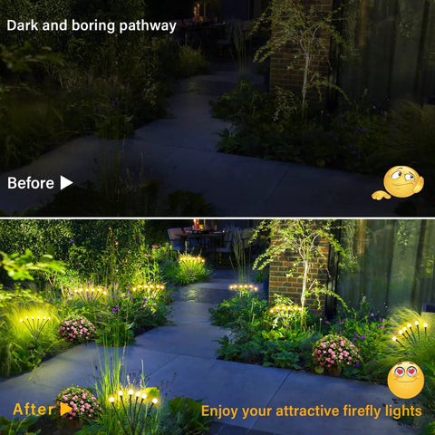 Comparison of dark and illuminated garden pathway with Solar Outdoor Firefly Lights For Garden And Yard Waterproof Wind Swaying Pathway Stakes.