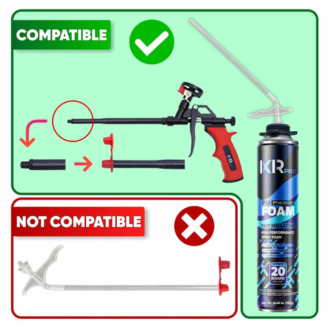 Heavy Duty Spray Foam Insulation With Rapid Hardening Expanding Sealant 12 Pack Of 26.46 Oz Cans showing compatible and incompatible tools for application.