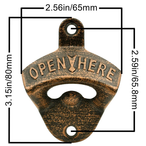 Badass Vintage Cast Iron Beer Bottle Openers Wall Mounted Set Of Twelve Post Style Bar Accessory For Man Cave Or Garage close-up view with dimensions.