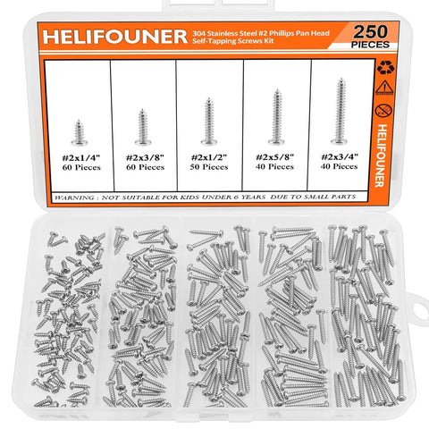 Open Number 2 To 3/4 Inch Stainless Steel Wood Screws Set 304 Stainless Phillips Pan Head Self Tapping 250 Pieces Assortment Kit