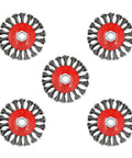 Five Pack 4 Inch Twist Knotted Wire Wheel Brush For Angle Grinder With 5/8-11 Arbor 0.02 Inch Carbon Steel Wire in red center