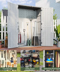 Outdoor Resin Storage Shed With Floor, 64 Cu Ft Vertical Storage Shed For Garage, Pool, Bike And Garden Gear, Waterproof Weatherproof Design, Four Door Access, backyard storage cabinet open with tools inside