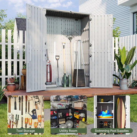 Outdoor Resin Storage Shed With Floor, 64 Cu Ft Vertical Storage Shed For Garage, Pool, Bike And Garden Gear, Waterproof Weatherproof Design, Four Door Access, backyard storage cabinet open with tools inside