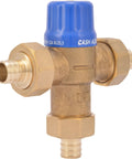 Cash Acme 3/4 in HG110 thermostatic mixing valve with blue knob, brass body, barb connections and threaded fittings