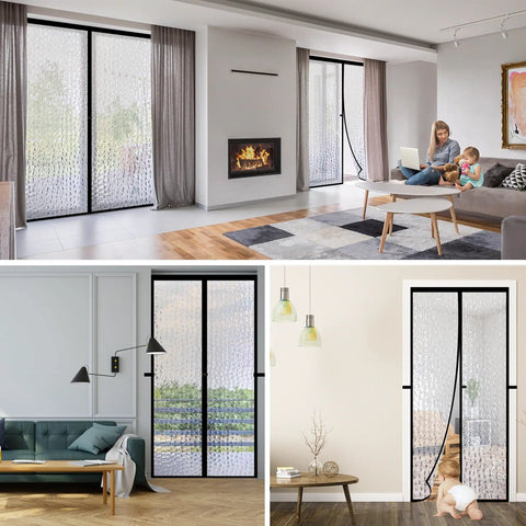 Magnetic Thermal Insulated Door Curtain Waterproof EVA Door Cover Fits Doors Up To 34 By 78 Inches Temperature Protection Insulated Doorway Curtain Partition And Patio Self Closing Net Screen For Easy Indoor Outdoor Access in modern living room setting, showcasing curtain in patio and doorways.