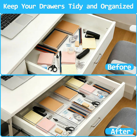 4 Pack 15x6 Inch Extra Large Clear Plastic Drawer Organizer Trays For Vanity Makeup Kitchen Utensils Bathroom Office Desk Auto Tools And Craft Supplies Ultra Handy Multi Purpose Storage Bins in use in an office drawer for organization.