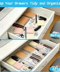 Comparison of drawer before and after using 14 Pcs Clear Plastic Drawer Organizer Set With Two Extra Large 15X6 Trays, showing neat arrangement.