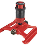 ColorStorm Gear Drive Sprinkler with heavy duty die cast metal base, red finish, and adjustable patterns, 360 degree coverage