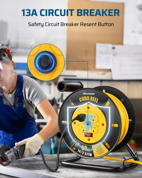 80 Foot Heavy Duty Retractable Extension Cord Reel For Indoor Outdoor Use With Four Grounded Outlets 14/3 AWG SJTW Cord 13 Amp Circuit Breaker Metal Stand ETL Listed with worker in background