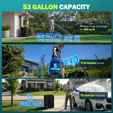 Collapsible 53 Gallon Rain Barrel With Spigot Portable Water Storage Tank used for garden, saving water equivalent to 10 buckets