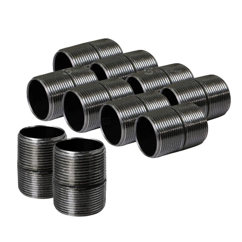 Three Quarters Inch Black Steel Pipe Nipples Set Ten Pack Pro Grade Heavy Duty Industrial Malleable Iron Pipes stacked horizontally