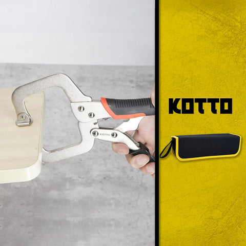 Heavy Duty Locking C-Clamp Set 6, 9, 11 Inch with Swivel Tips being used on wood with storage bag in the background