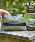 Pre Filled All Weather Rifle Sandbag Rest For Bench Shooting And Competition Front And Rear Set Ready To Use Heavy Duty 900D Oxford Fabric Tear Resistant Olive Drab on wooden bench