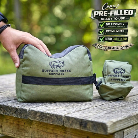 Pre Filled All Weather Rifle Sandbag Rest For Bench Shooting And Competition Front And Rear Set Ready To Use Heavy Duty 900D Oxford Fabric Tear Resistant Olive Drab on wooden bench