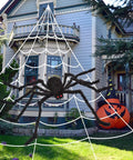 Massive 200 Inch Halloween Spider Web Plus 59 Inch Giant Fake Spider Epic Yard Haunt Decor Set With Realistic Arachnid for outdoor decor.