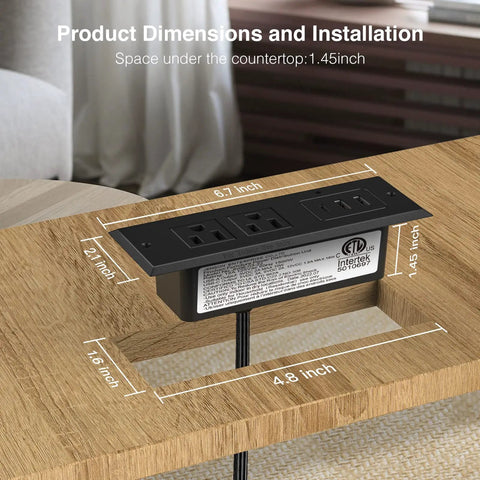 Underdesk Conference Power Strip With USB-C PD 20W, 2 Outlets, 2 USB-A installed in wooden desk showing dimensions