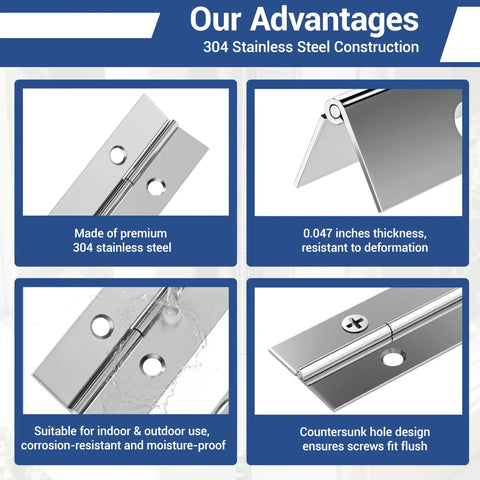 4 Pack Continuous Piano Hinges Heavy Duty 304 Stainless Steel Rust Resistant Cabinet Door Hardware showcasing advantages with details on corrosion resistance and thickness.
