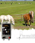 2 In 1 Electric Fence Energizer For 15 Acre Coverage, Battery Or AC Powered, 8000V Pulse, 1.75J, in farm setting with horses