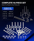 Pro Grade Harmonic Balancer Puller Kit And 49-Piece Gear Puller Set with bolts, washers, and puller tools displayed