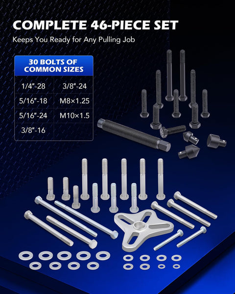 Pro Grade Harmonic Balancer Puller Kit And 49-Piece Gear Puller Set with bolts, washers, and puller tools displayed