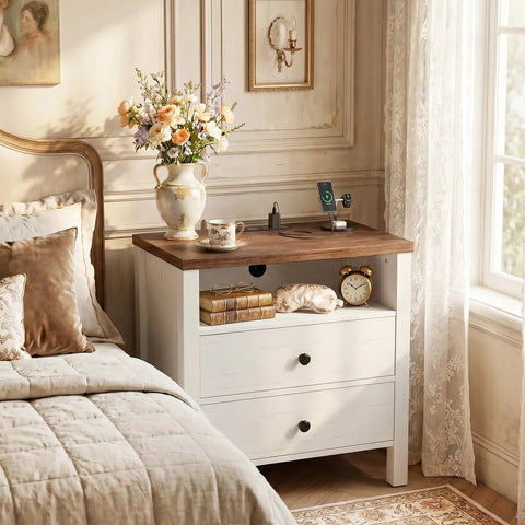 Set Of Two Modern Nightstands Featuring Double Drawers And Integrated Charging Station With Dual AC Outlets Plus USB Ports For Zero Wire Drama And Breezy Bedroom Refresh in a cozy bedroom setting.