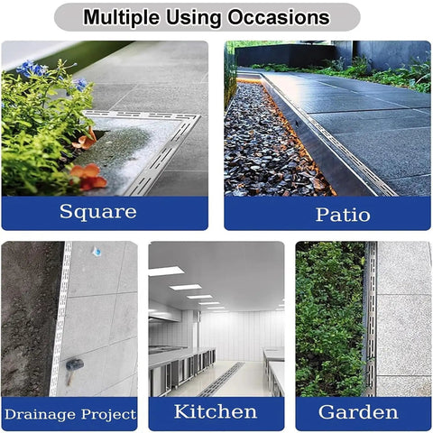Outdoor Trench Drainage Kit For Pathways Courtyards Lawns And Driveways With Easy Install Grate System shown in various settings