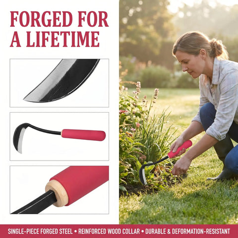 Woman using Rugged Weeding Sickle Tool with Sharp Blade, Comfort Soft Sleeve Handle, in garden for weeding and planting.