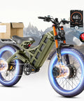 4000W Adult Electric Bike With Raw Off Road Power And Beefy 26X4.0 Fat Tires featuring bright blue wheels and cargo rack.