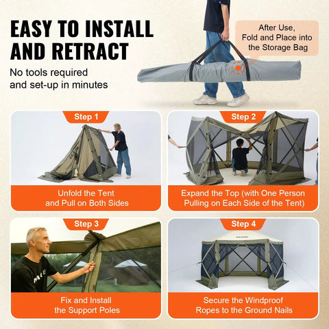 Guided setup of 12x12ft Pop Up Gazebo Tent With Mosquito Netting, 6 Removable Wind Panels And 2 Mesh Windows, Army Green.
