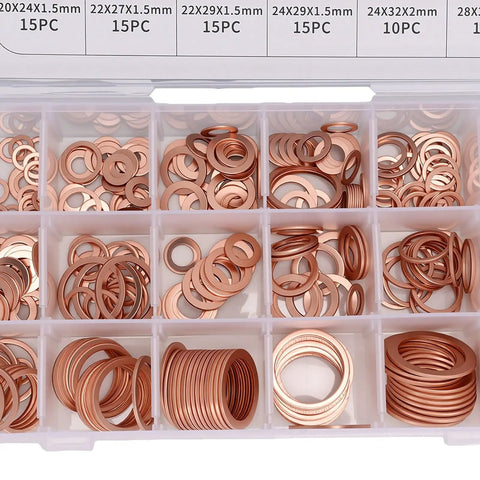 Go-To Copper Crush Washer Set Kit 350 Pcs in 18 Sizes for Automotive, Marine, Plumbing and Oil Drain Plug Seals - Pro Grade Copper Gasket Assortment for Premium Material Washers, assorted copper washers in labeled case