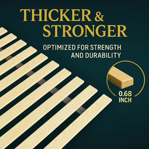 Replacement Wooden Twin Bed Slats For Mattress Support - Fabric Sleeve Locks Down Slat Spacing For Dead Simple Setup - Low Profile Bed Frame Foundation That Holds Tight, close-up of 0.68 inch thick wooden slats.