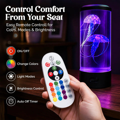 Lifelike Jellyfish Lamp With Sixteen Color Options And Four Modes Auto Shutoff Remote Controlled LED Night Light displayed with remote.