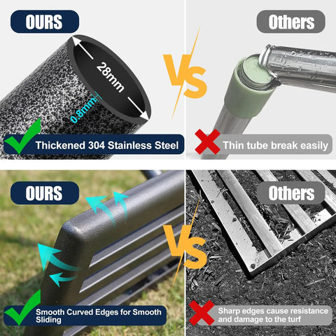 Comparison of thickened 304 stainless steel handle and smooth curved edges of Heavy Duty Yard Work Ready Lawn Leveling Rake vs others.