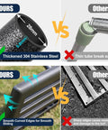Comparison of lawn leveling rake with thickened 304 stainless steel and smooth edges vs thin tube and sharp edges for turf care